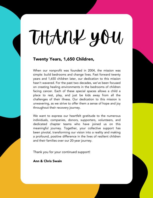 Thank YOU for Dreaming Big with us in honor of our 20th Anniversary of creating dream bedrooms for children with cancer.